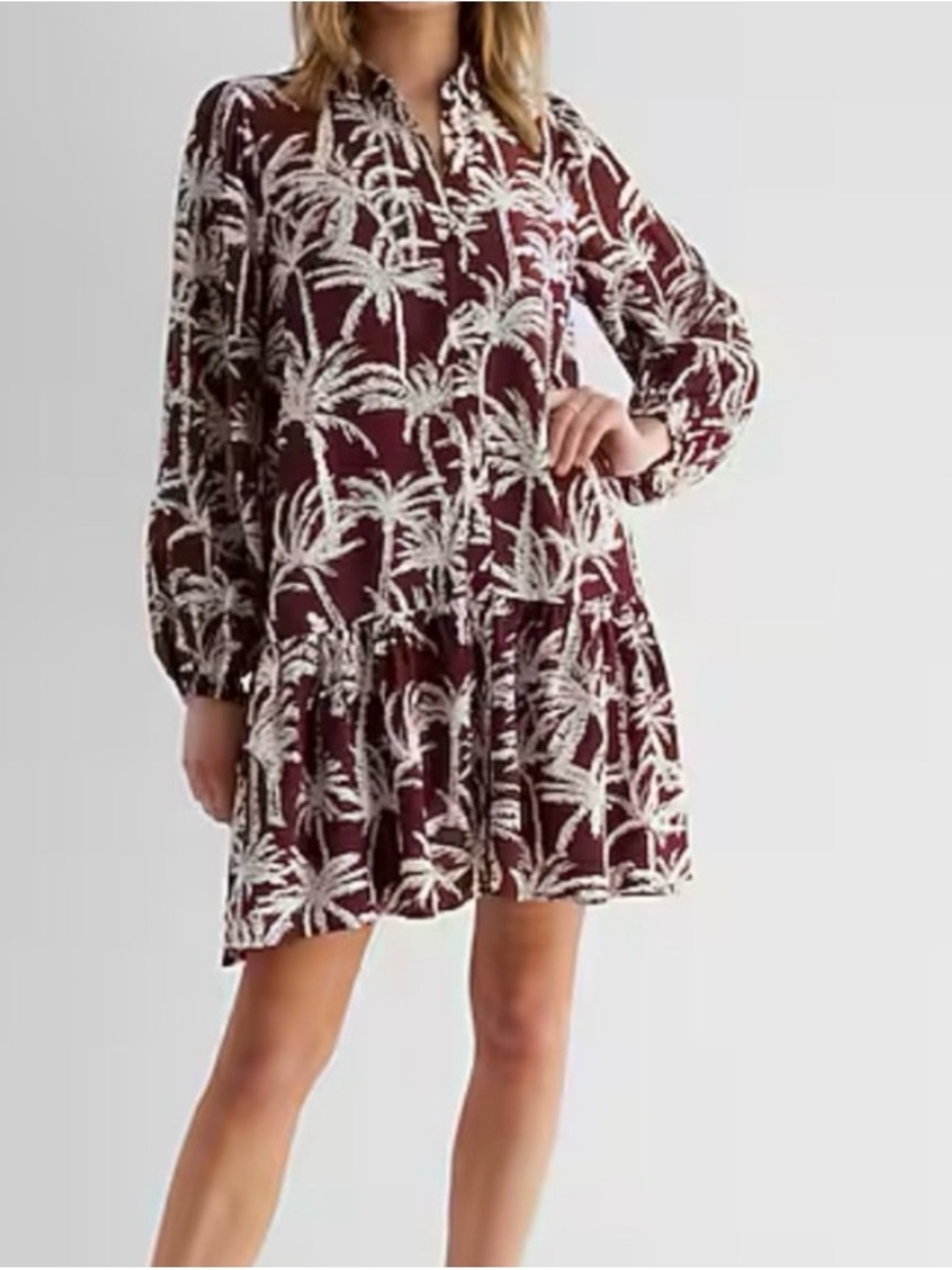 EXPRESS | Womens Burgundy Palm-Print Mini Dress